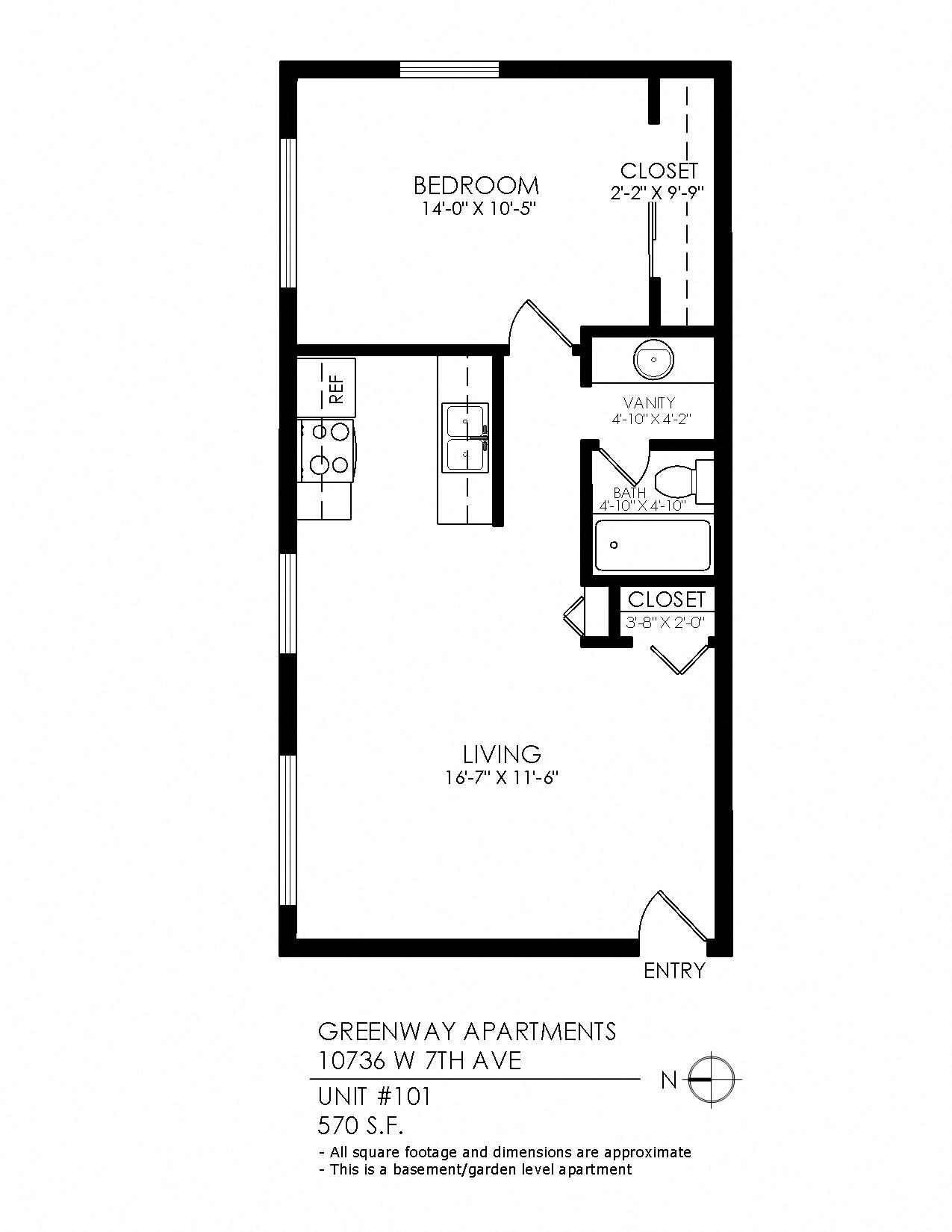 Floor plan for 1 bed, 1 bath, 570 sqft